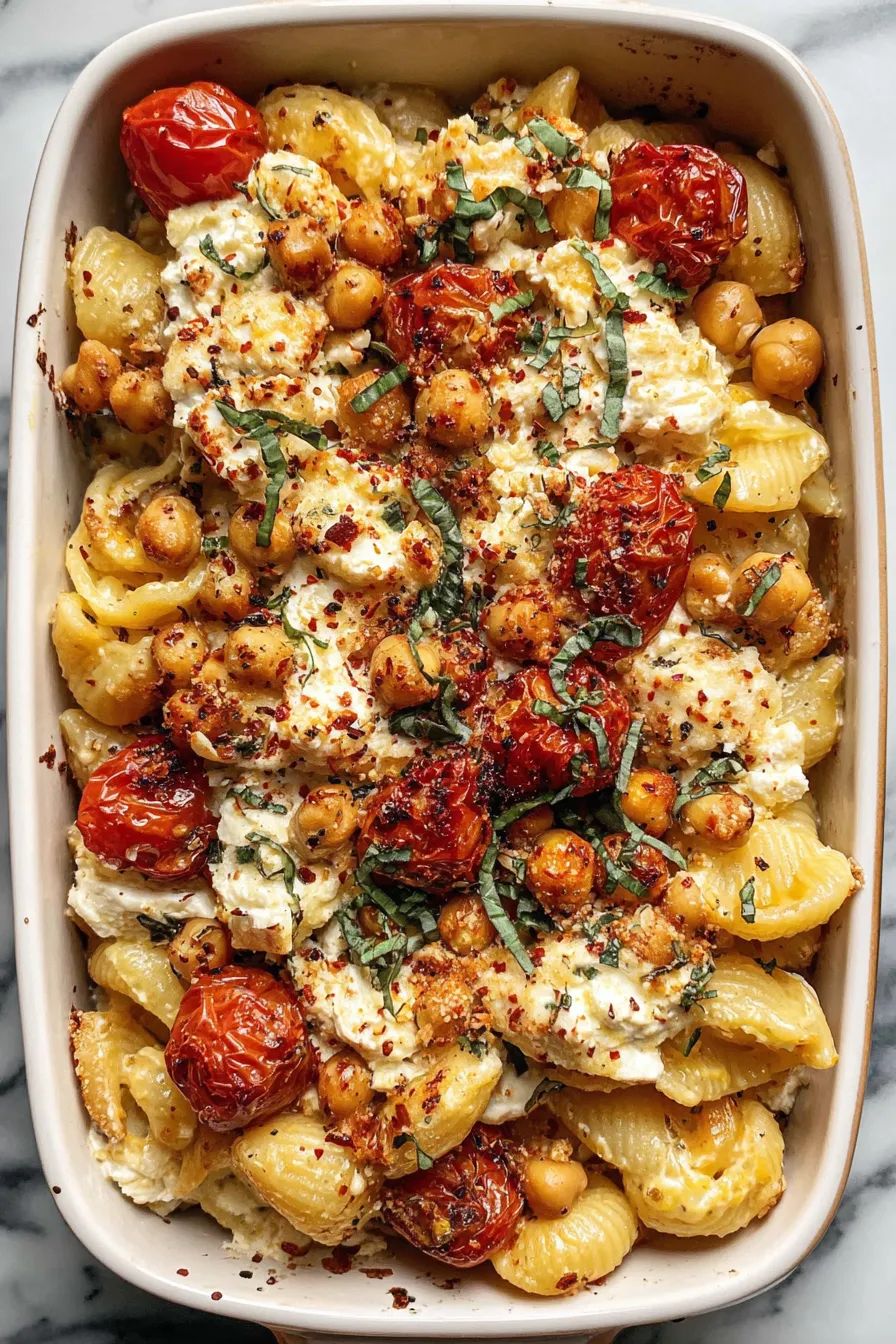 Baked feta and tomatoes in a baking dish before mashing