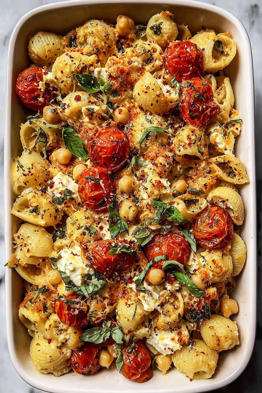 Finished baked feta pasta tossed with basil in a serving bowl