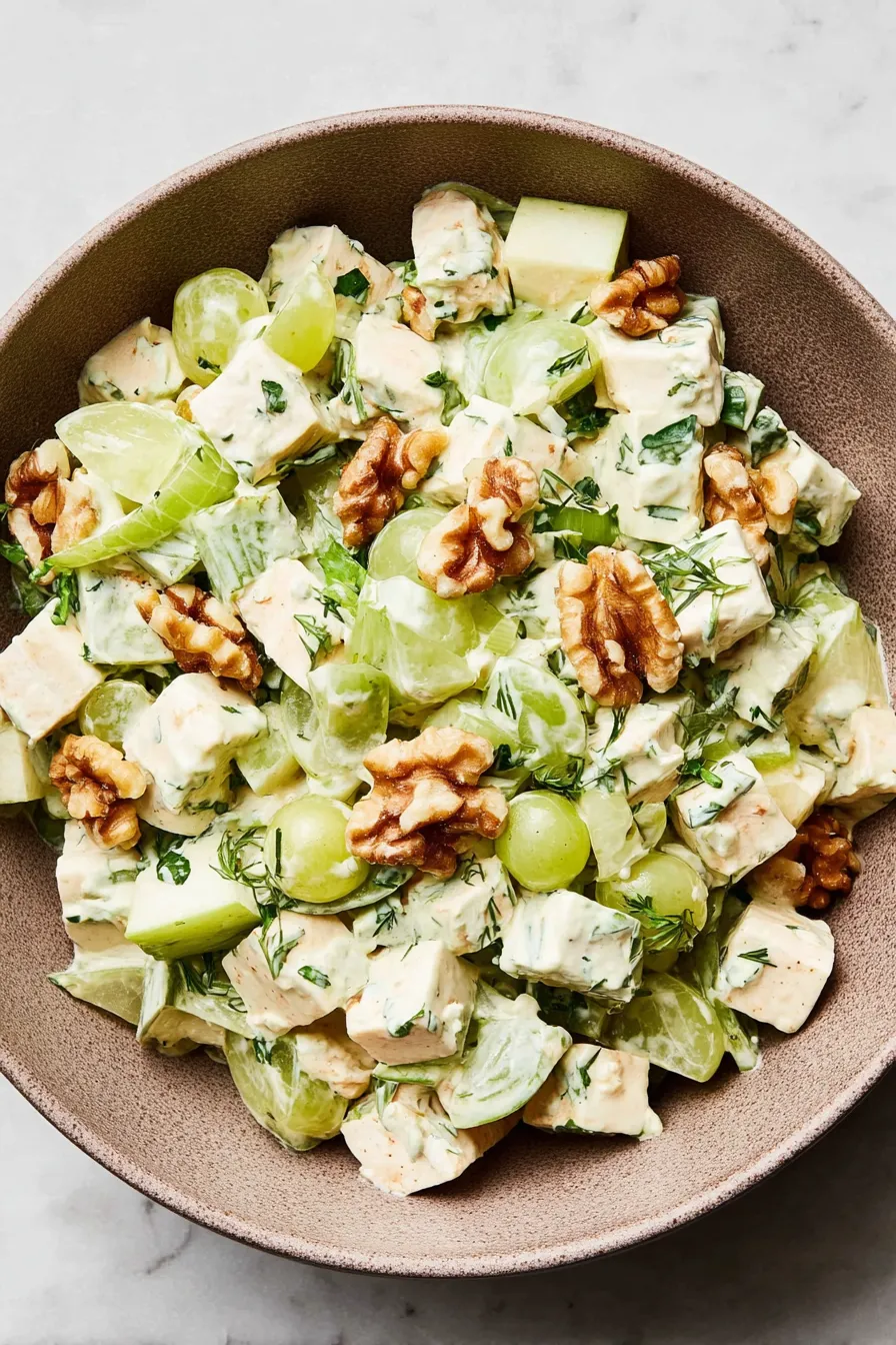 Close-up of apples, grapes and parsley in Waldorf salad