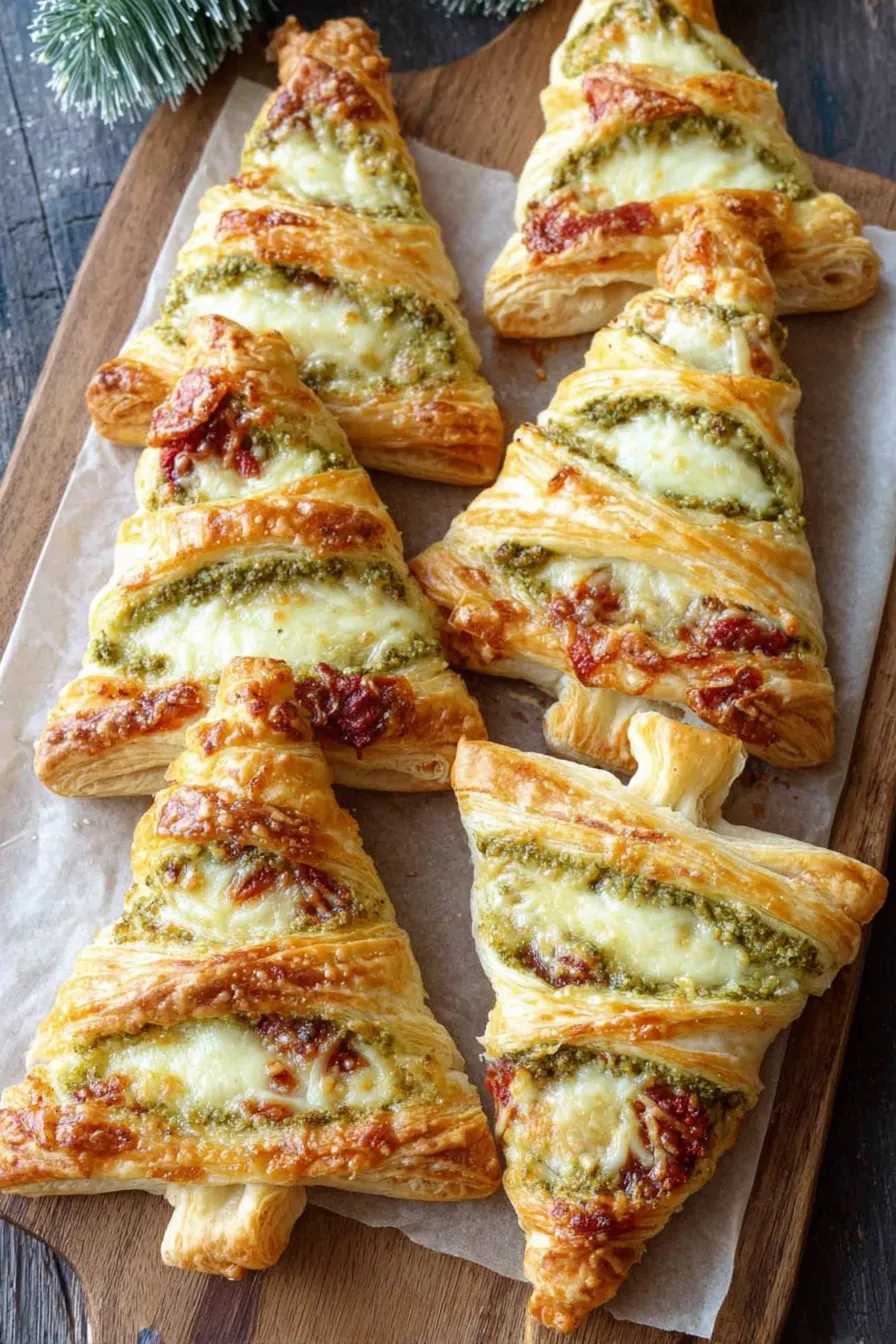 Puff pastry Christmas trees on a baking tray