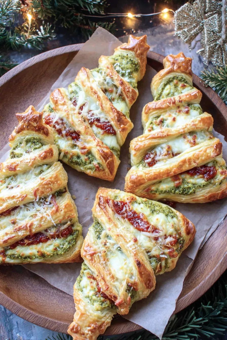 Close up of cheesy pesto puff pastry trees
