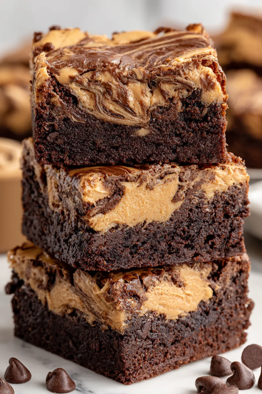 Close up of brownie square with peanut butter swirl