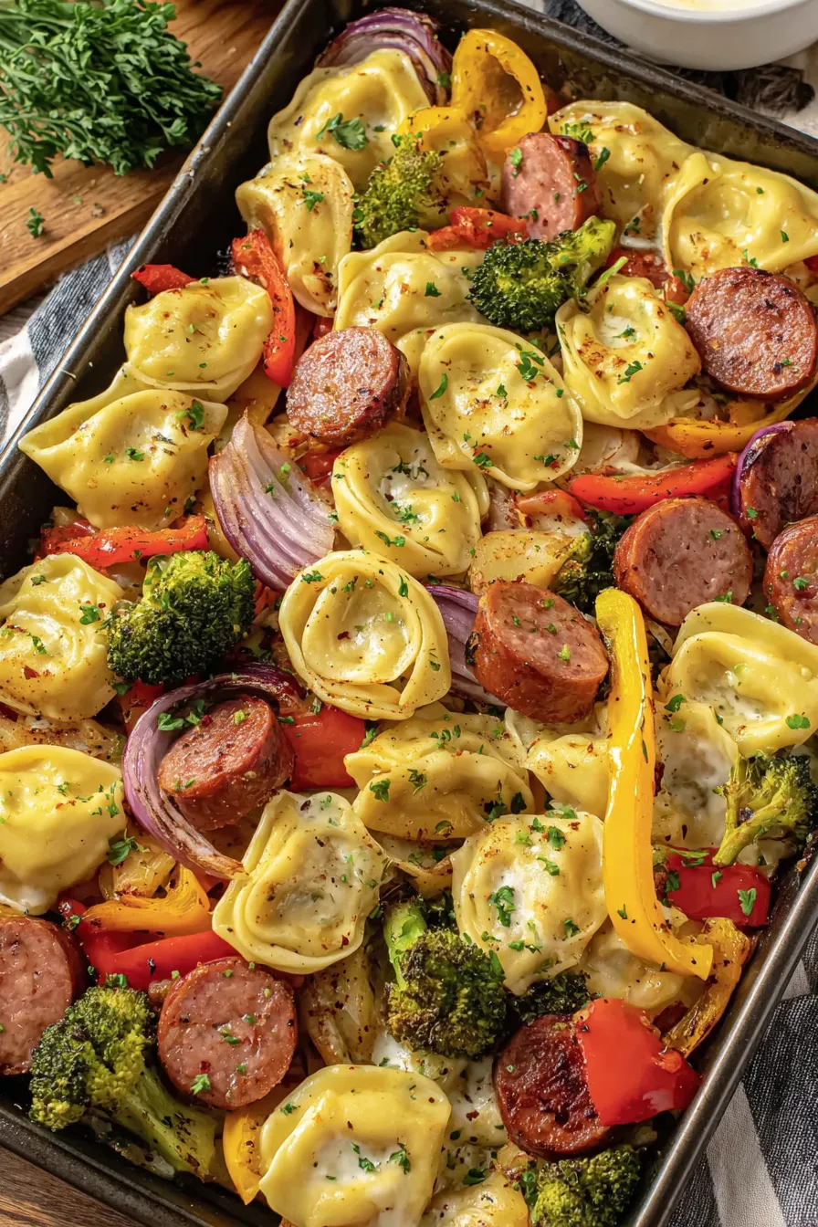 Sheet pan with pierogies, kielbasa and roasted vegetables