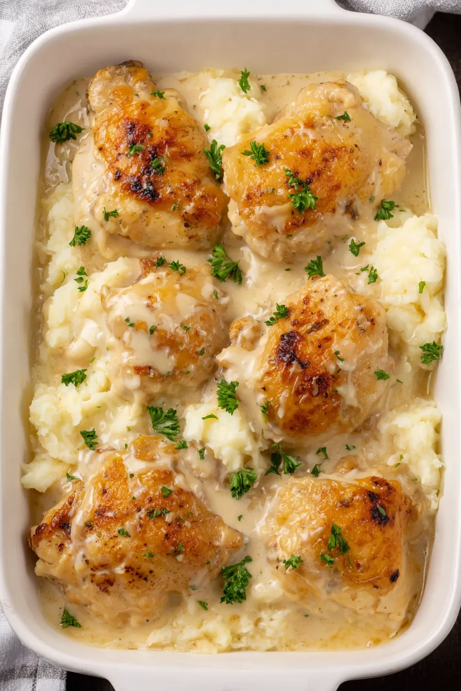 Amish Chicken in baking dish with golden skin