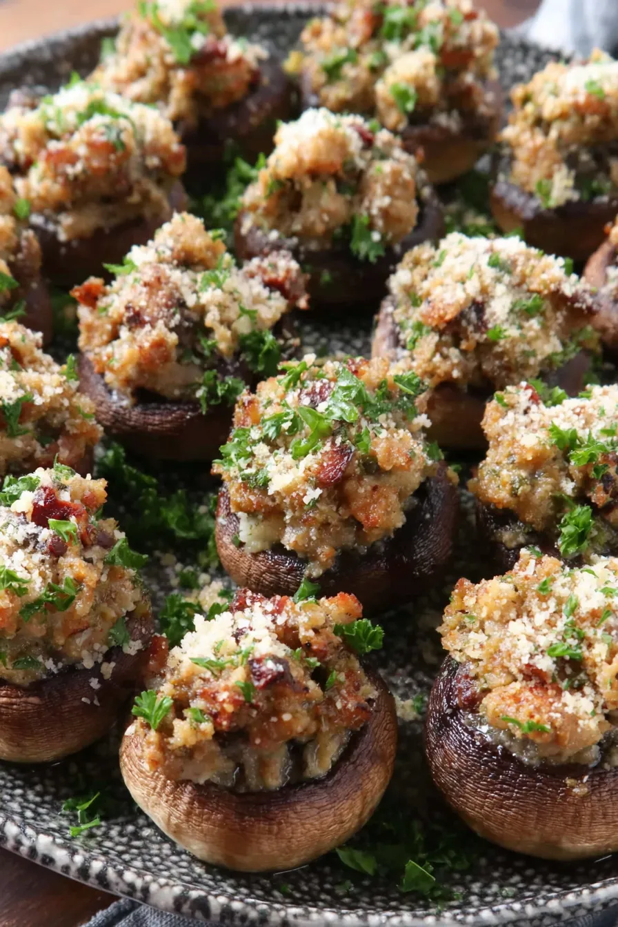 Stuffed mushrooms on a tray close up