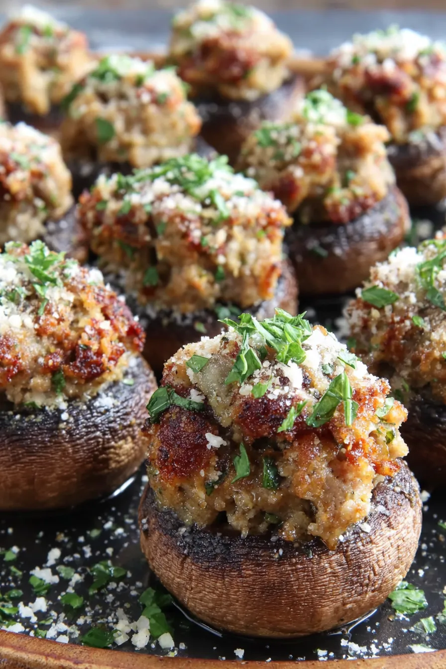 Tray of golden stuffed mushrooms garnished with parsley