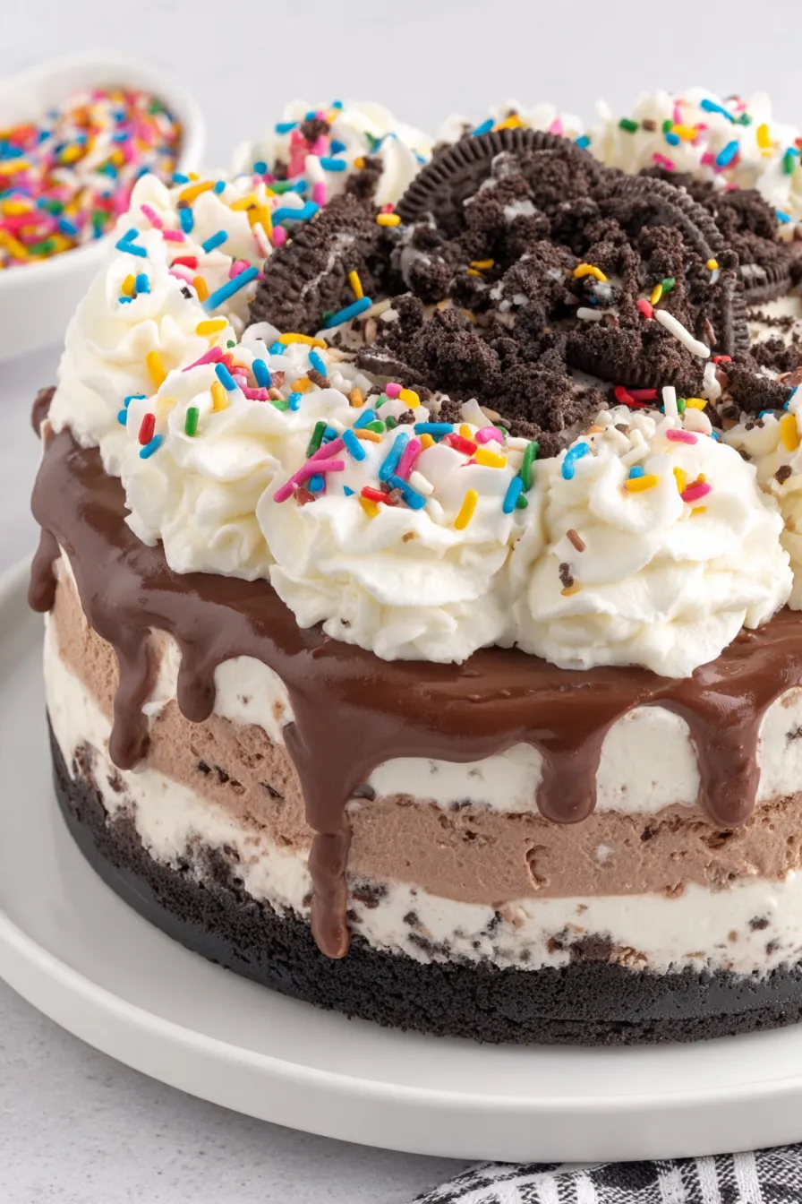 assembled copycat ice cream cake with frosting