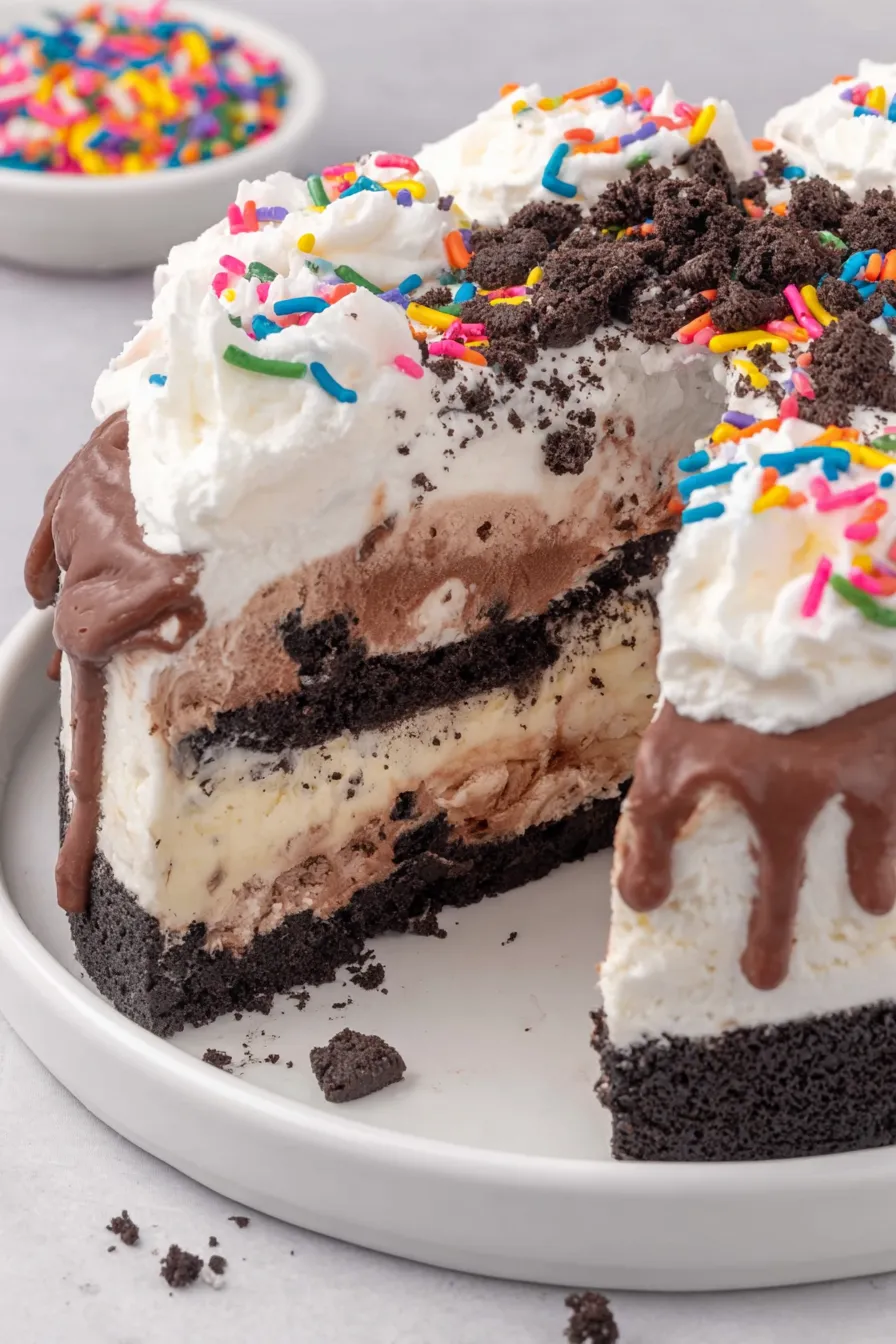 slice of ice cream cake with sprinkles