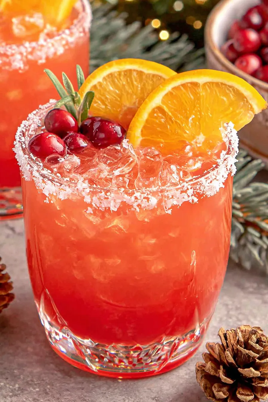 Cranberry cocktail in a glass with orange slice and rosemary
