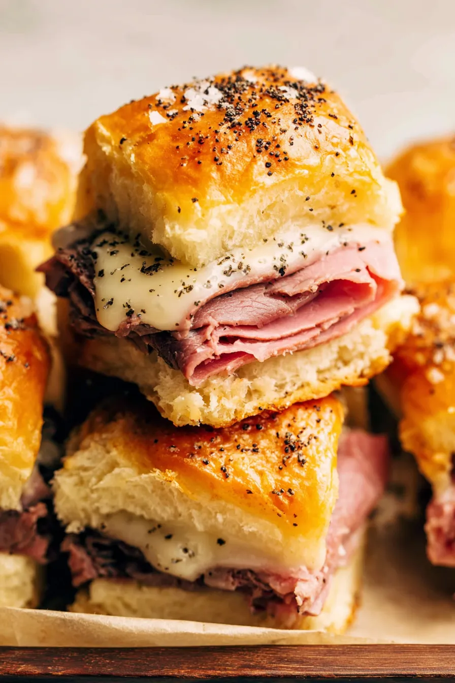 Assembled sliders in pan with melted cheese