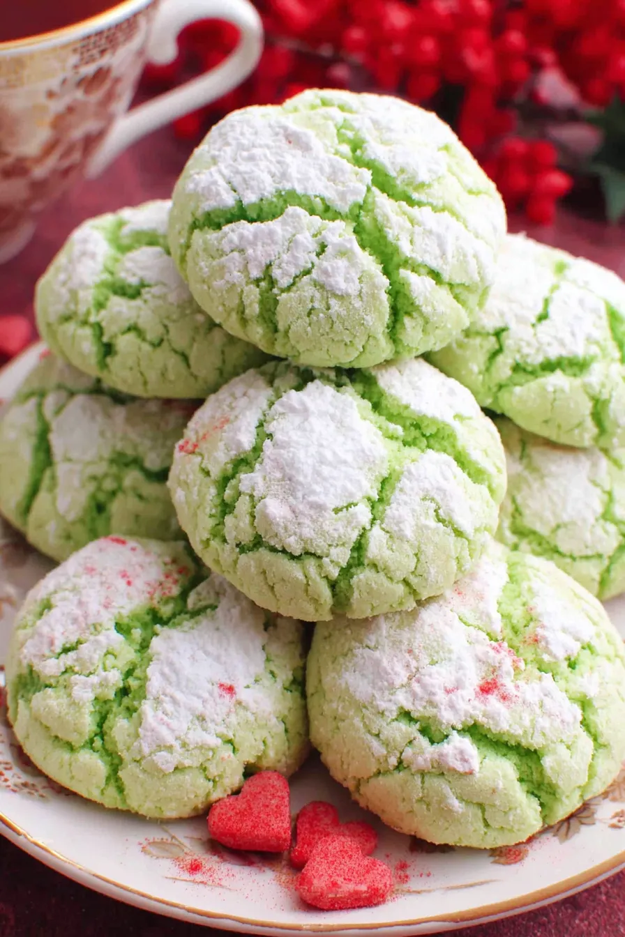 Freshly baked green Grinch Cookies on a tray