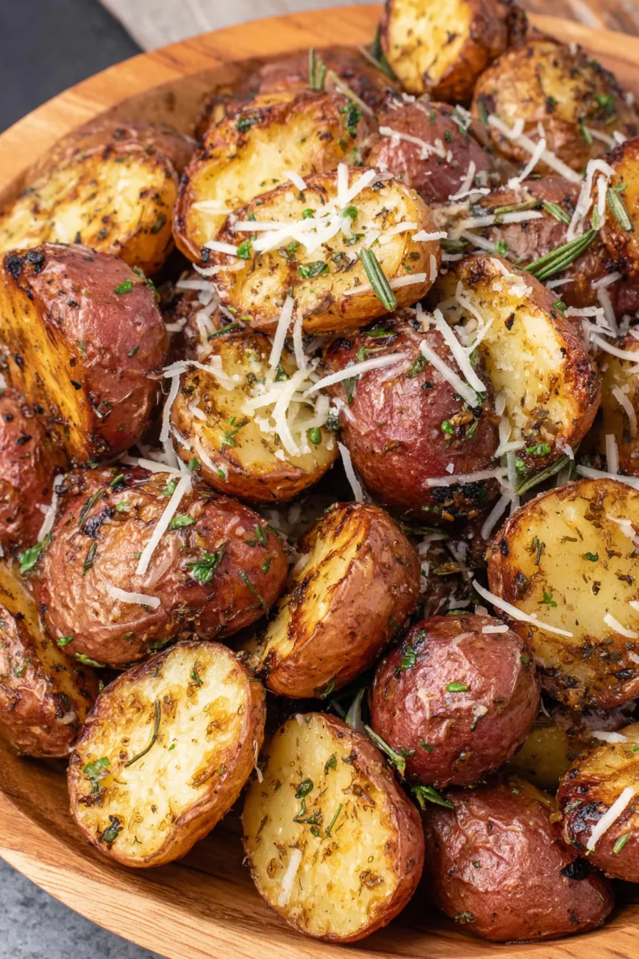 halved baby red potatoes in foil packet on grill