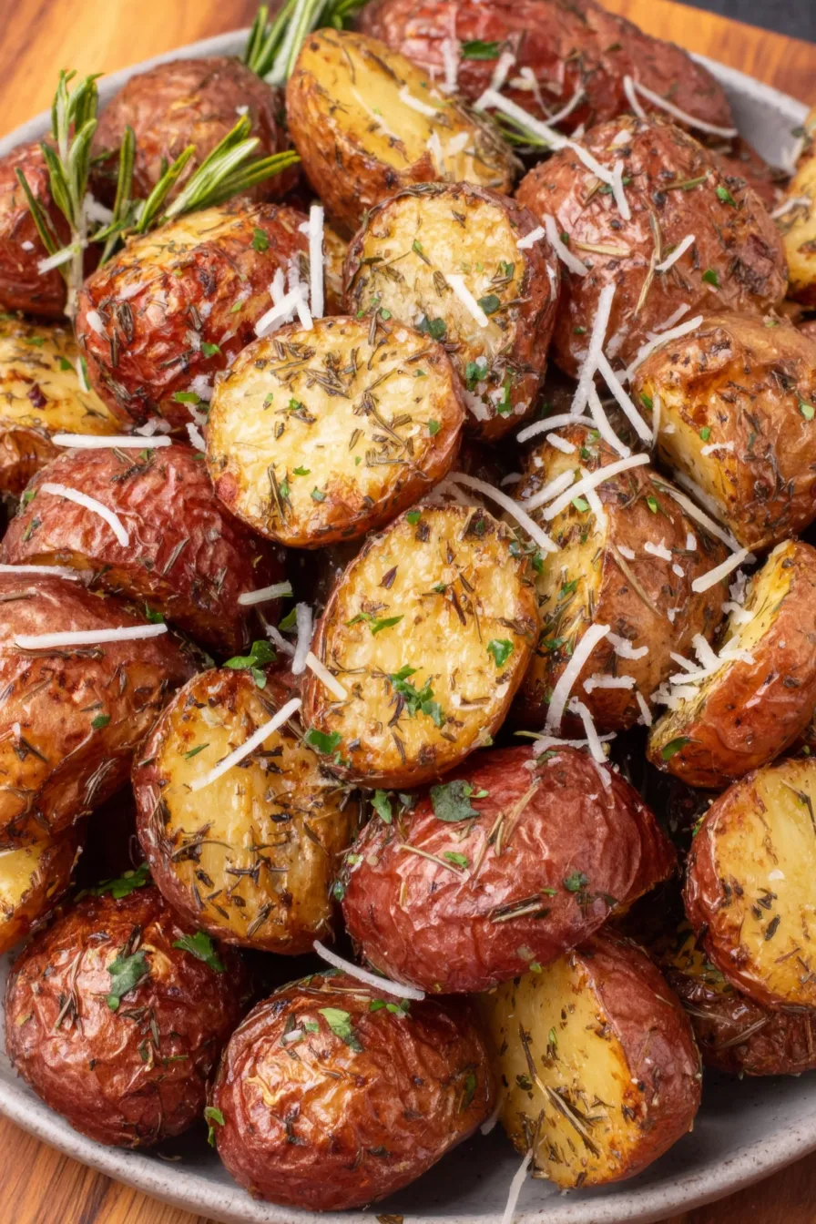 grilled potatoes served on a platter with parsley and Parmesan
