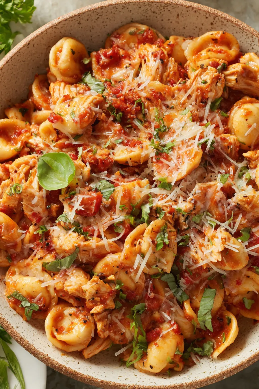 Served Chicken Fra Diavolo Pasta with basil and parmesan