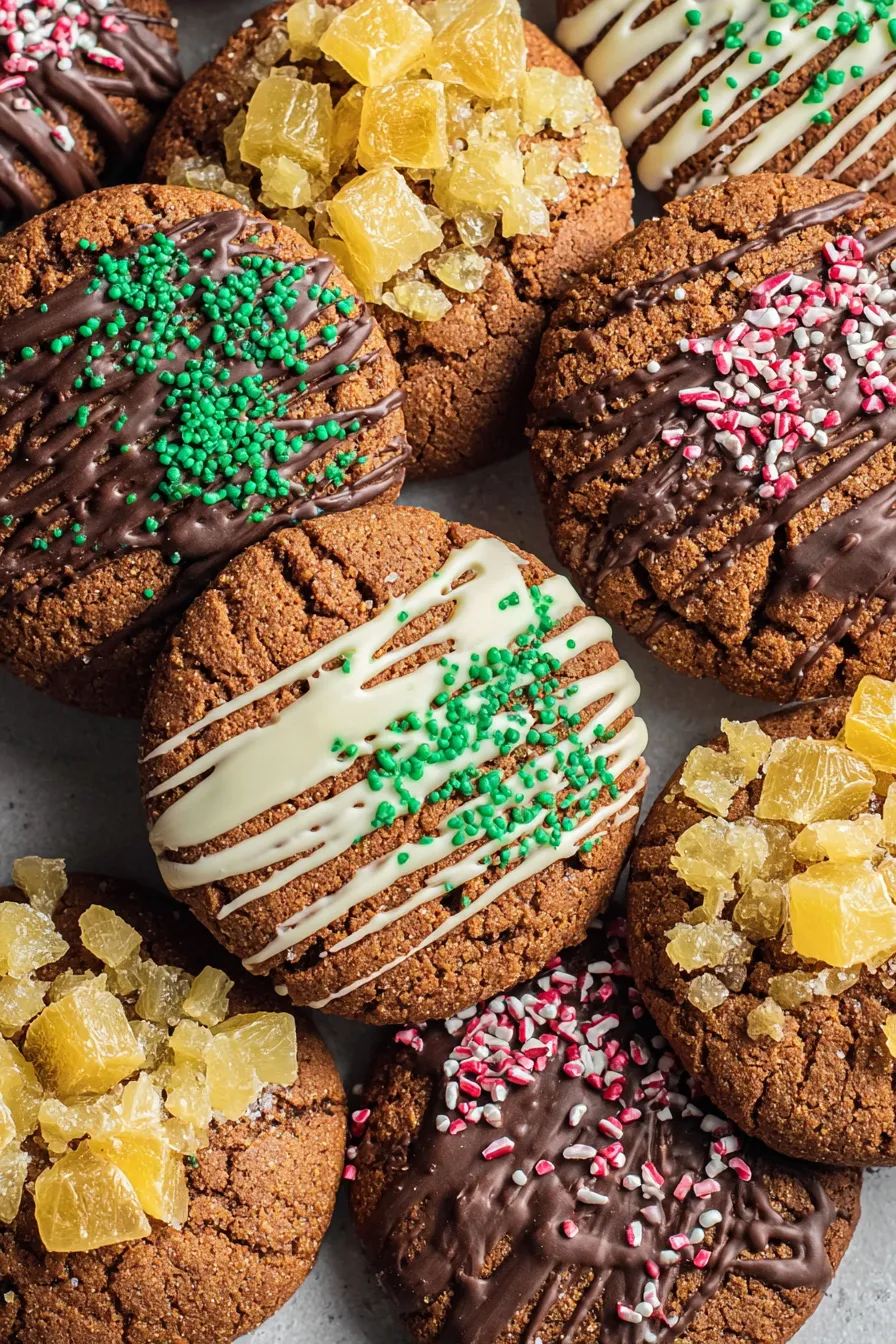 Finished ginger molasses cookies decorated with chocolate and sprinkles