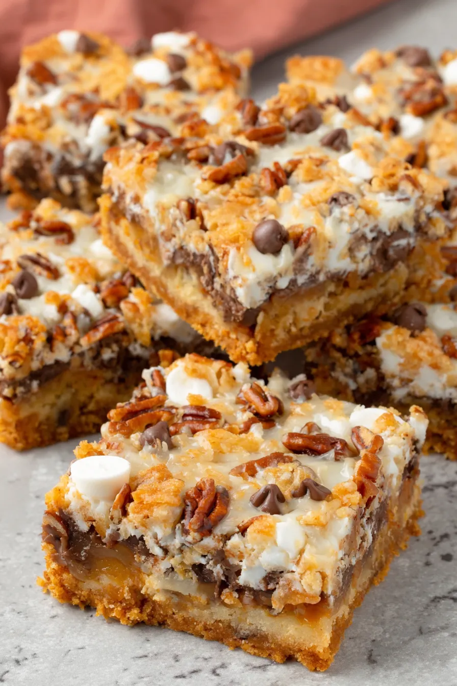 Pan of freshly baked 7 layer bars cooling on a wire rack