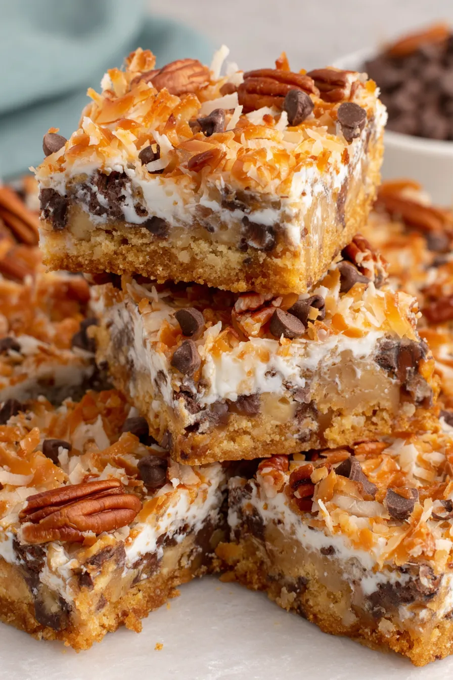 Close-up of layered bars with toasted coconut and chocolate