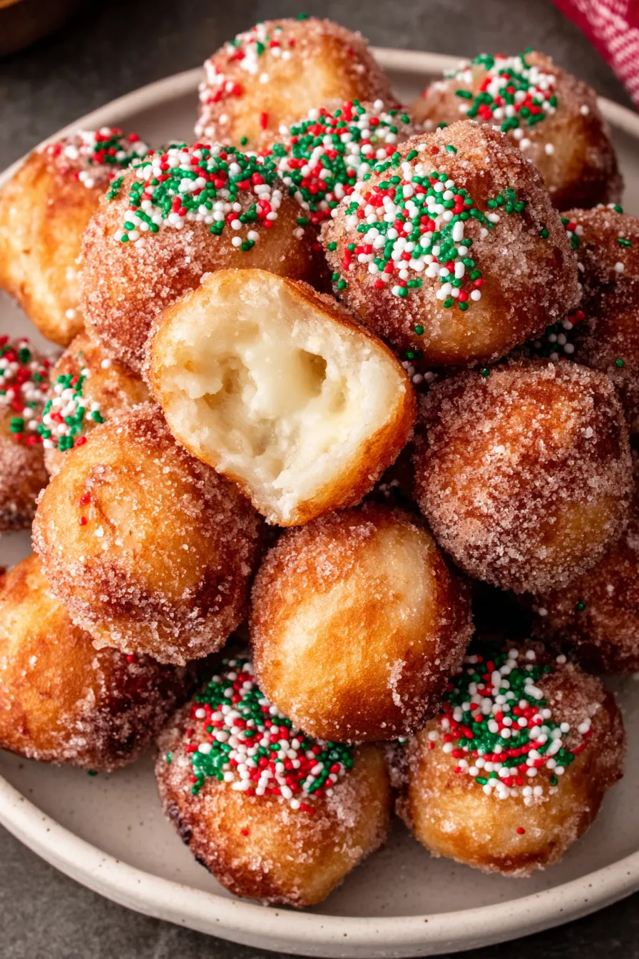 Close-up of a donut hole coated in cinnamon sugar and sprinkles