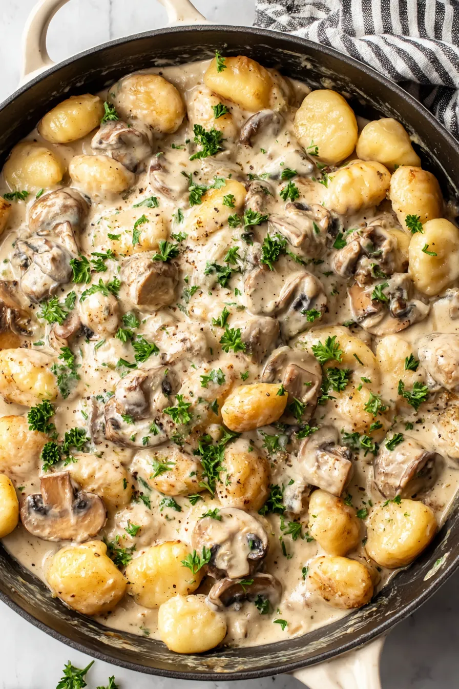 Creamy Boursin gnocchi in a skillet with mushrooms