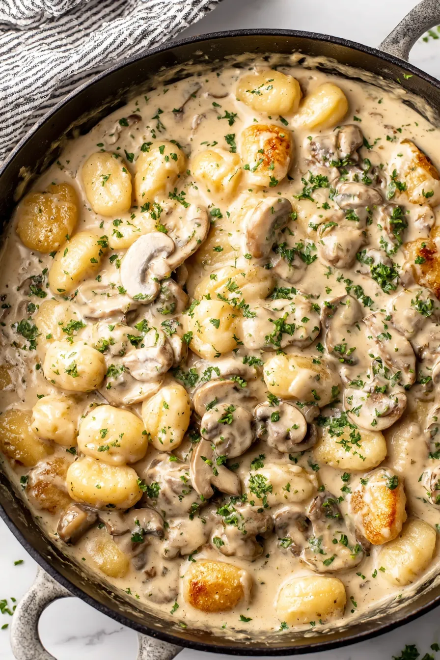 Close-up of gnocchi and mushrooms in creamy sauce