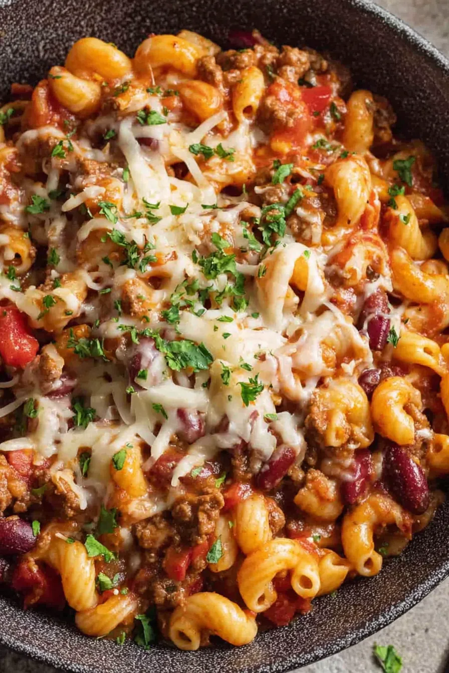 One Pot Chili Mac simmering in pot