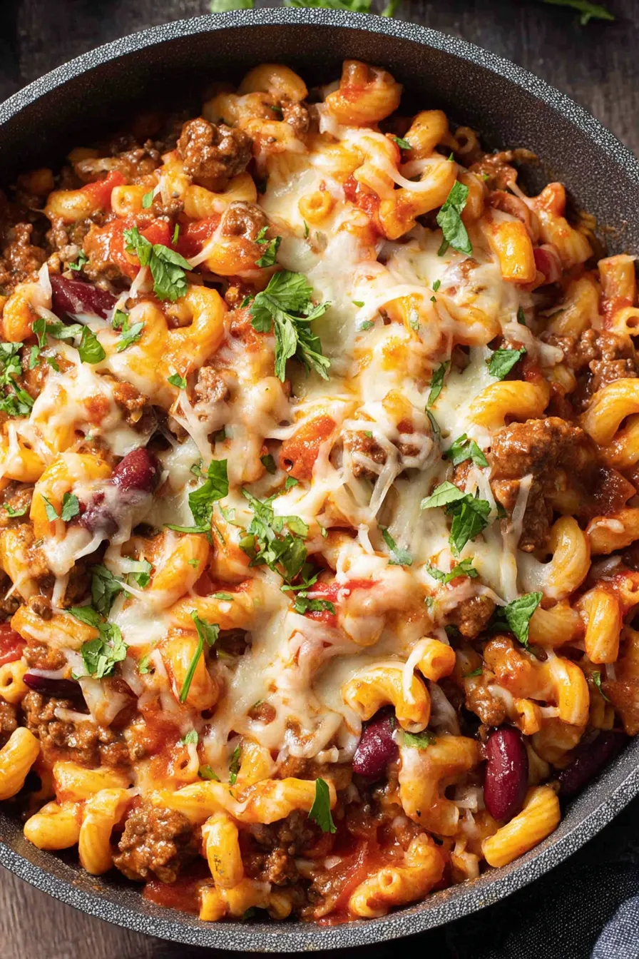 Plated chili mac with cilantro garnish