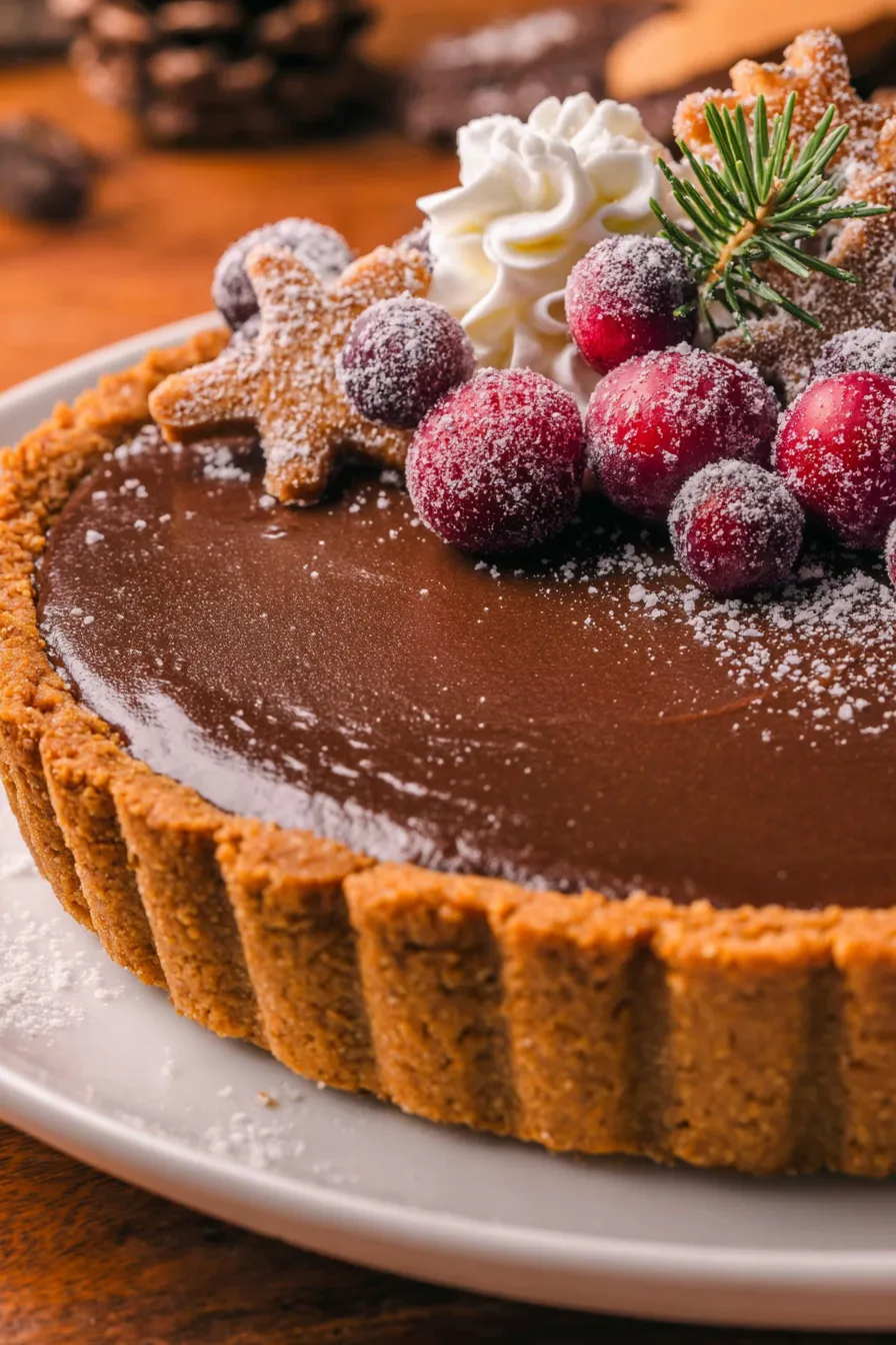 Gingerbread cookie chocolate tart with sugared cranberries