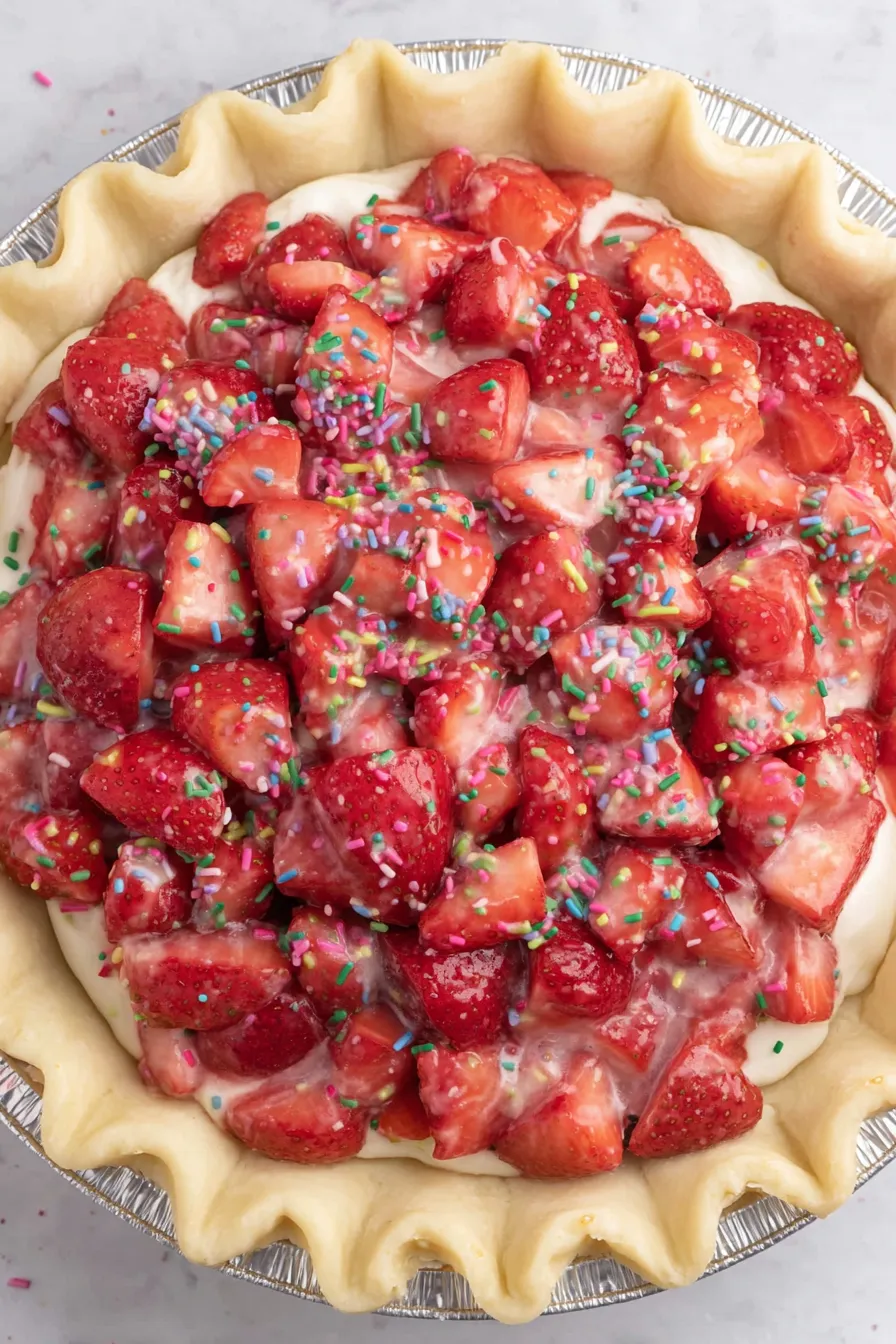Slice of strawberry pop tart pie on a plate with glaze and sprinkles