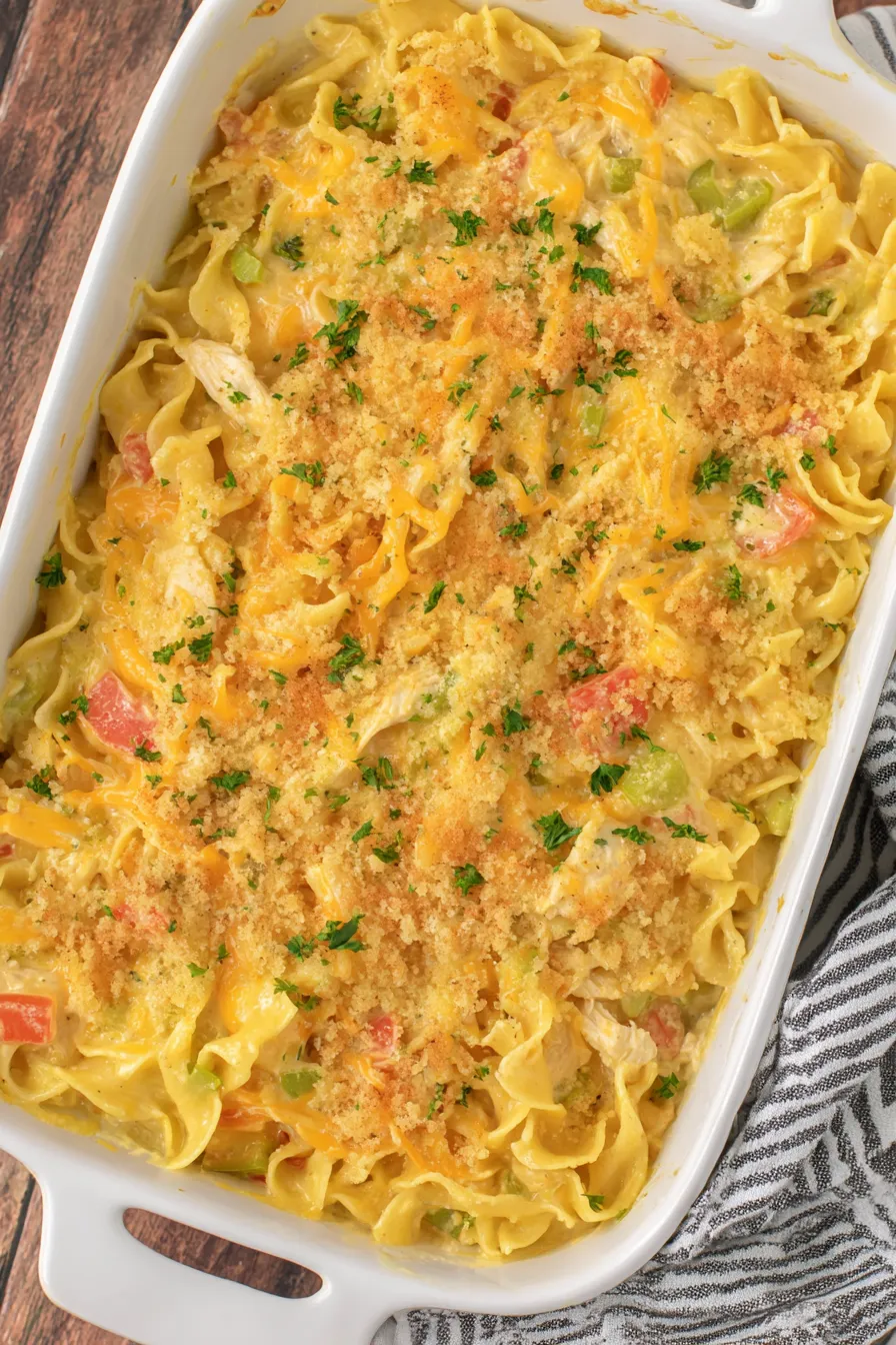 Close-up of golden Ritz cracker topping on casserole