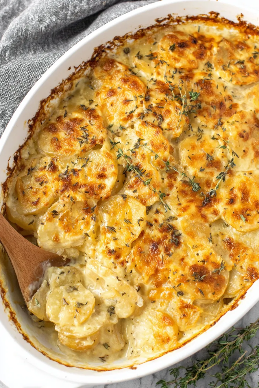 Thinly sliced potatoes layered in a pan