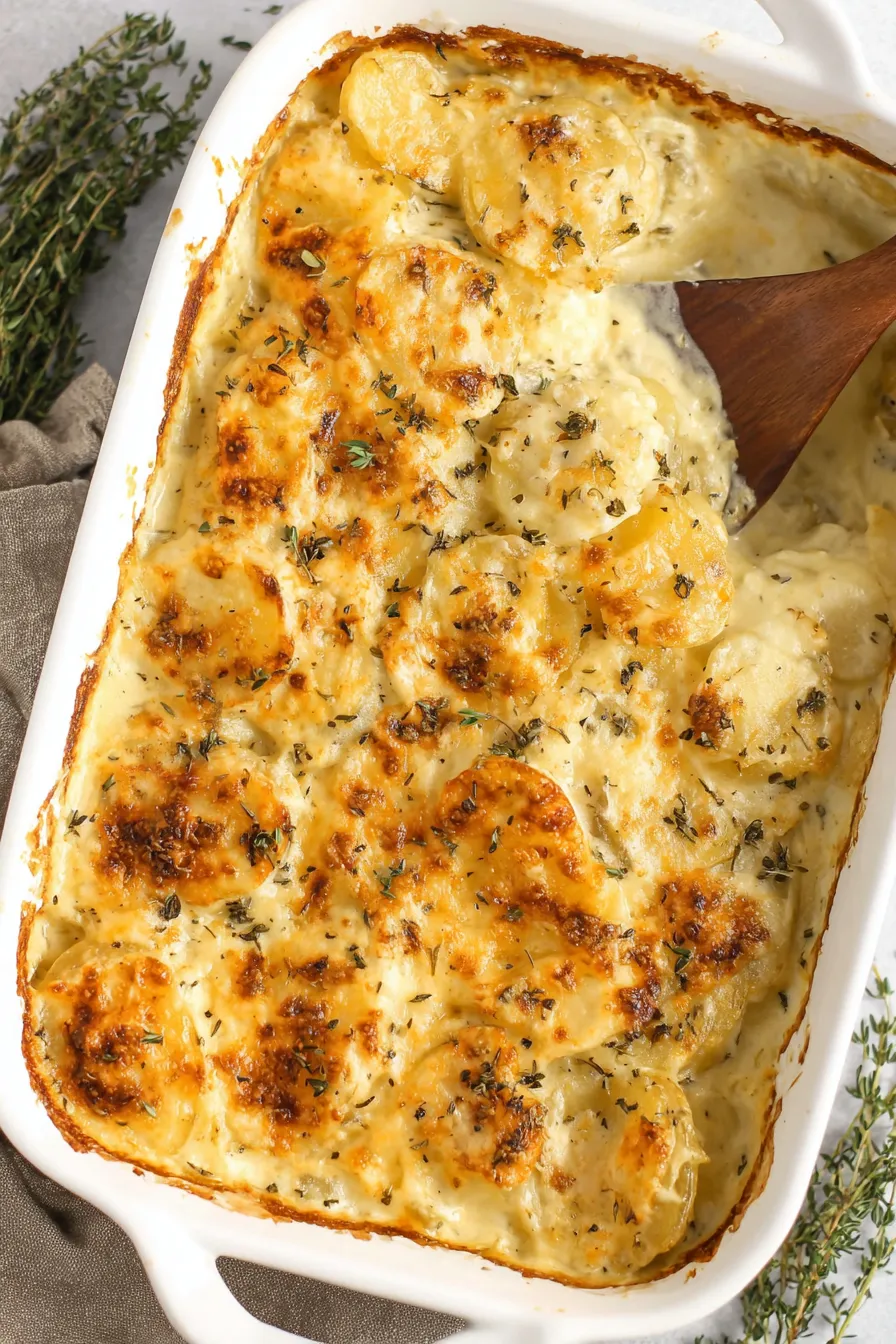 Baked scalloped potatoes with thyme garnish