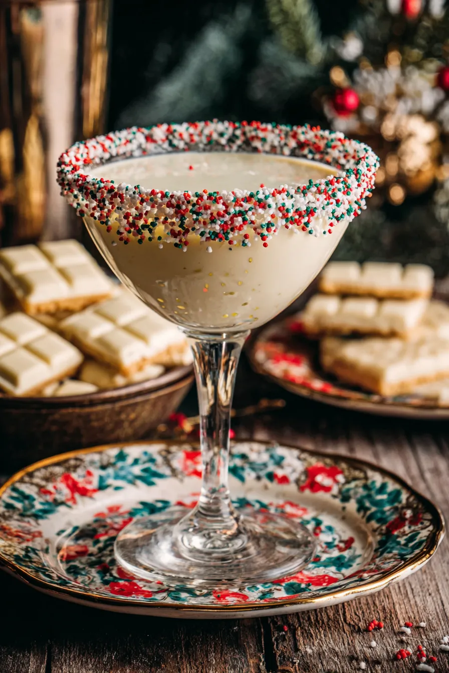 Sugar Cookie Martini in a martini glass with sprinkles on rim