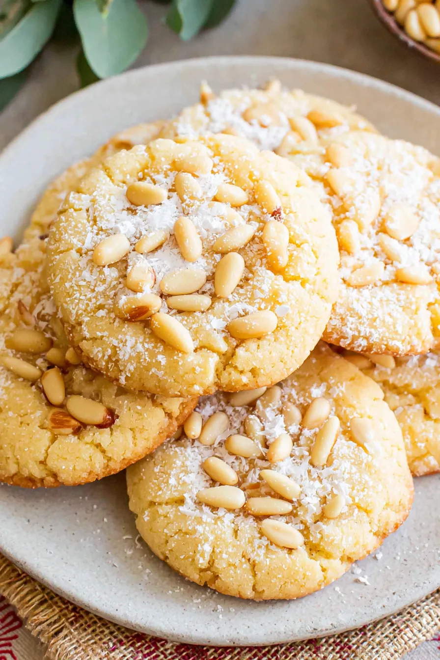 Pignoli cookies on parchment with powdered sugar