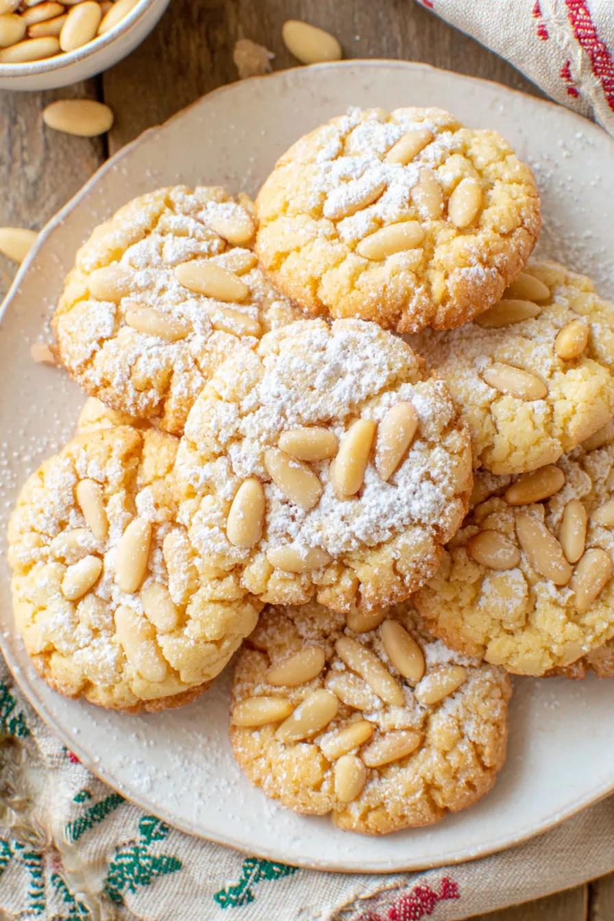 Close-up of a pignoli cookie showing pine nut crust