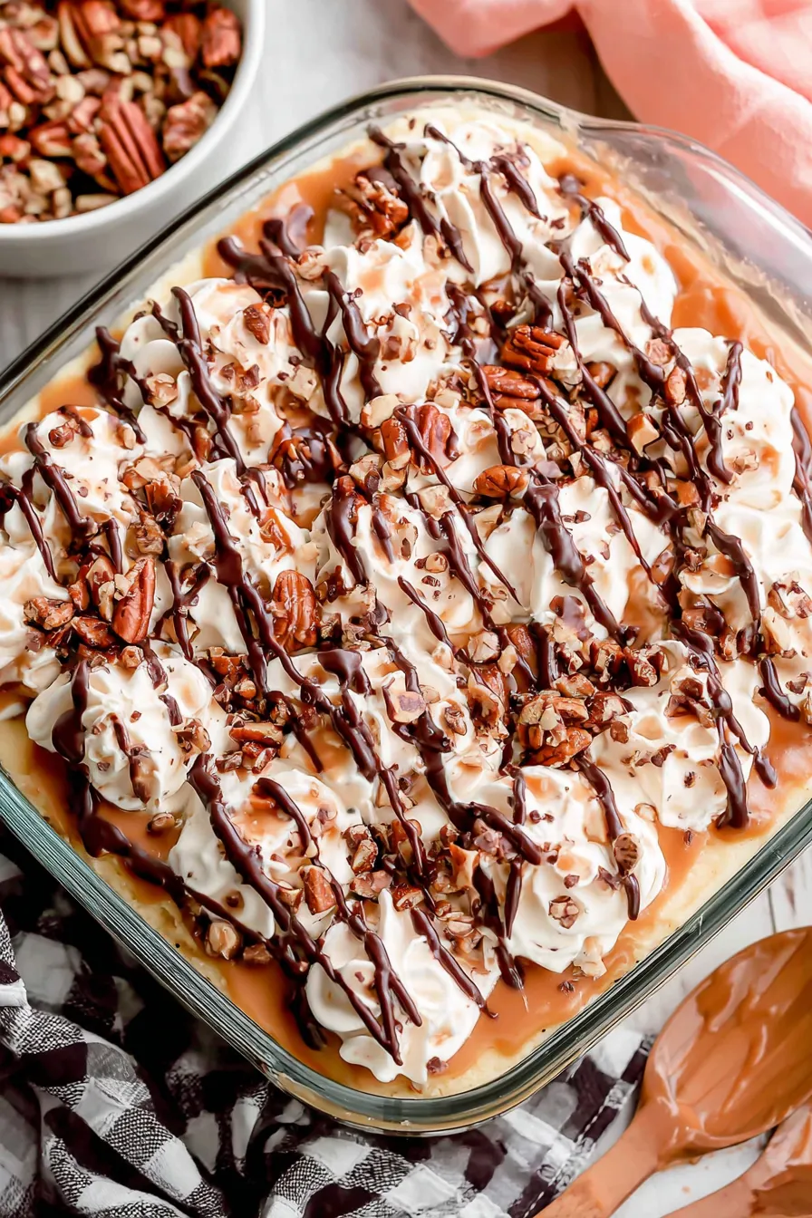Slice of turtle poke cake with pecans
