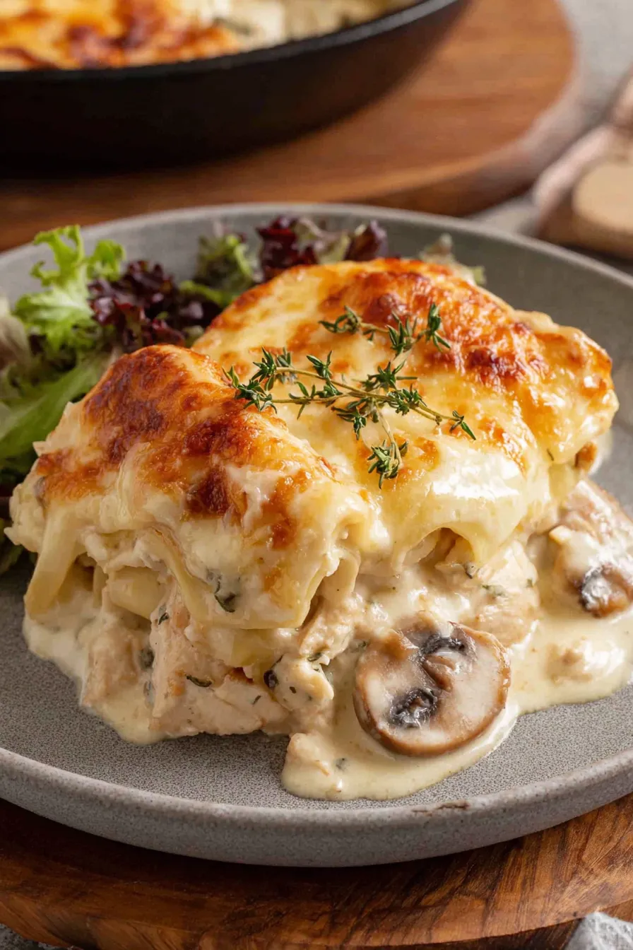 Freshly baked white chicken lasagna with melted cheese