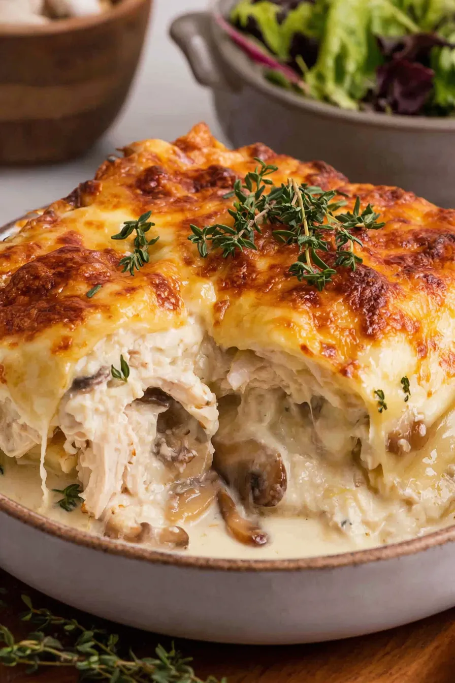 Close-up of creamy sauce being poured over lasagna layers
