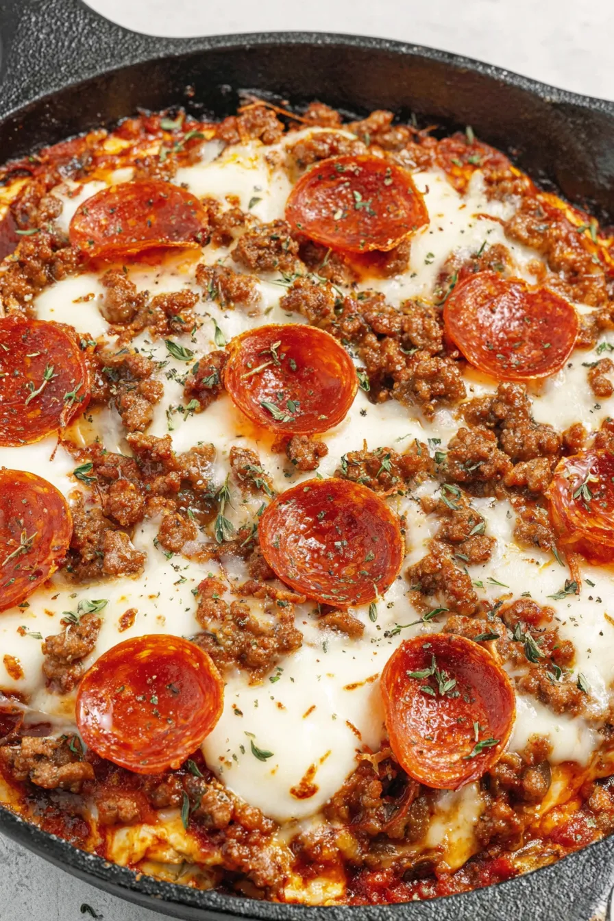 Crustless pizza skillet fresh from the oven with pepperoni