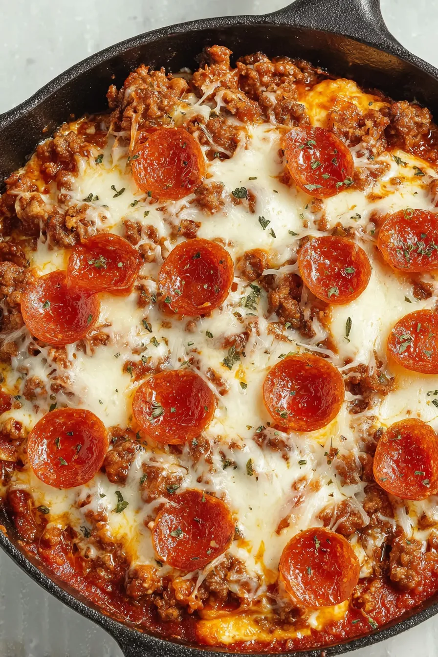 Close-up of melted mozzarella and browned sausage in skillet