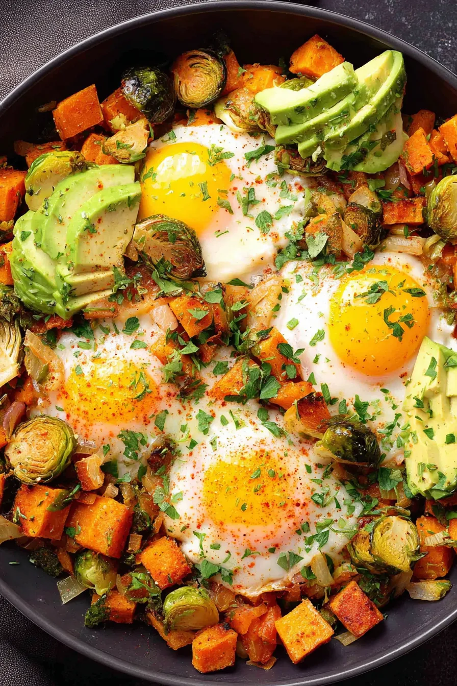 Sweet potato and Brussels sprout hash in a skillet