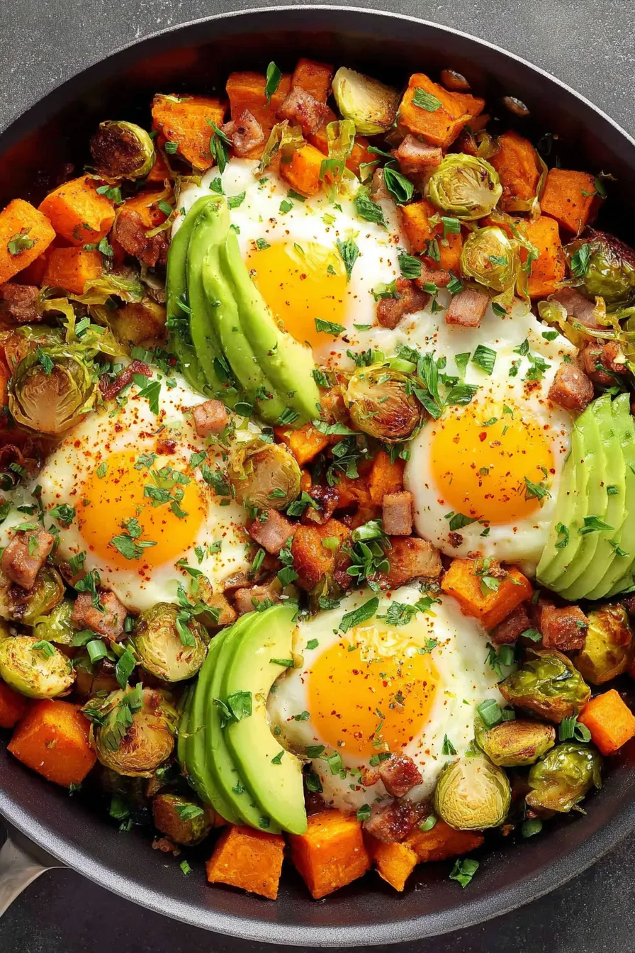 Finished hash topped with herbs and avocado
