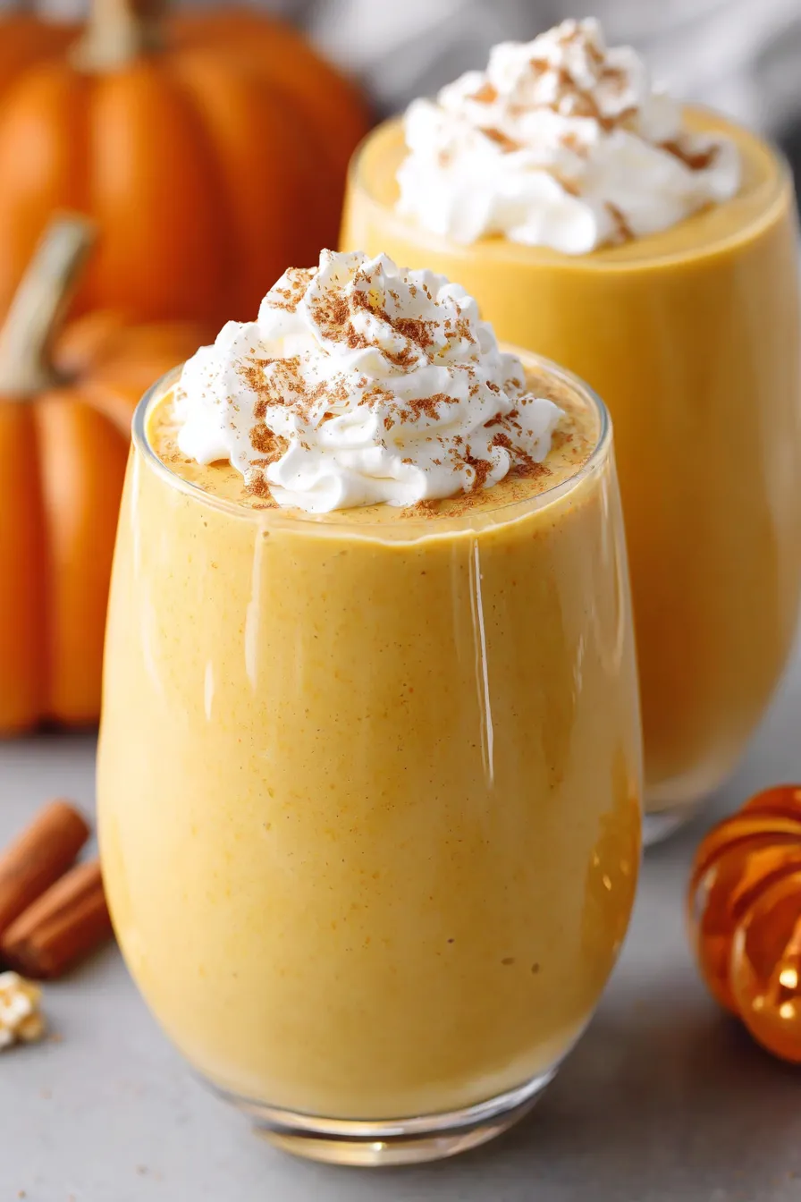 Glass of pumpkin smoothie with autumn garnish
