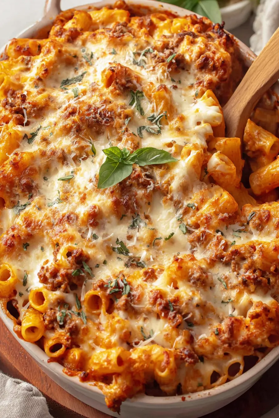 Baked ziti fresh from the oven with golden cheese