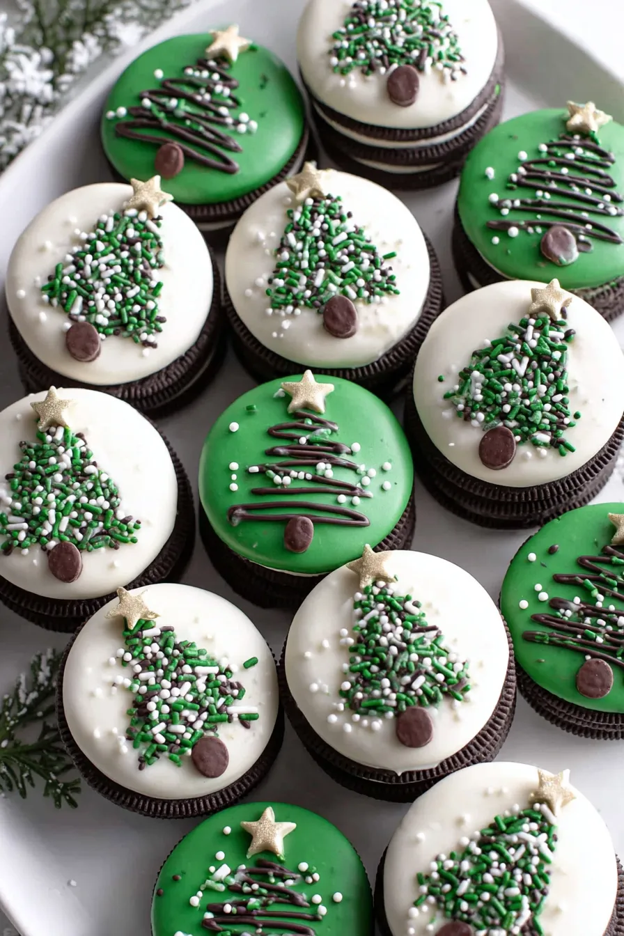Decorated Oreo Christmas trees on parchment