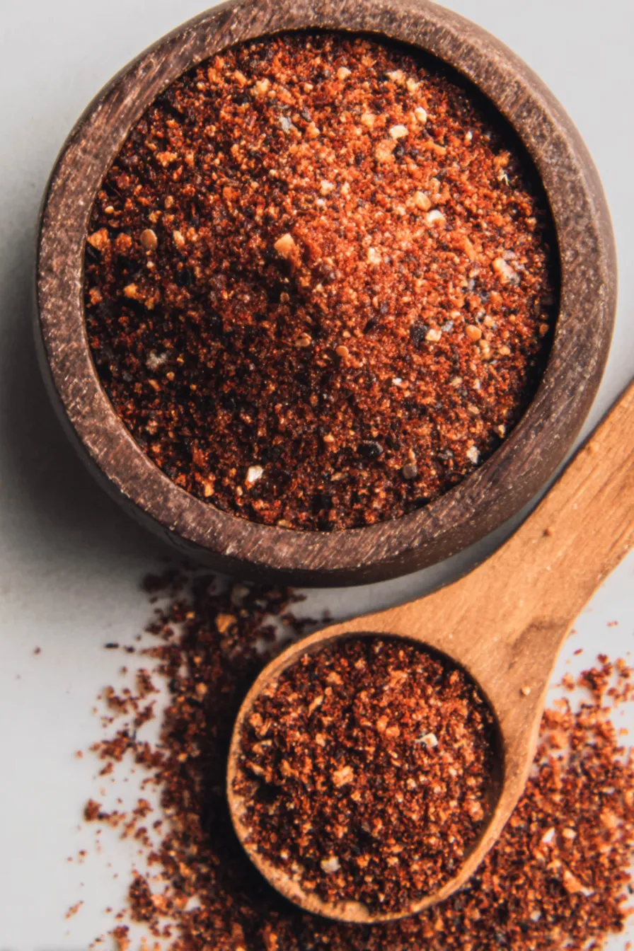 Measuring spoons and spices laid out on a countertop