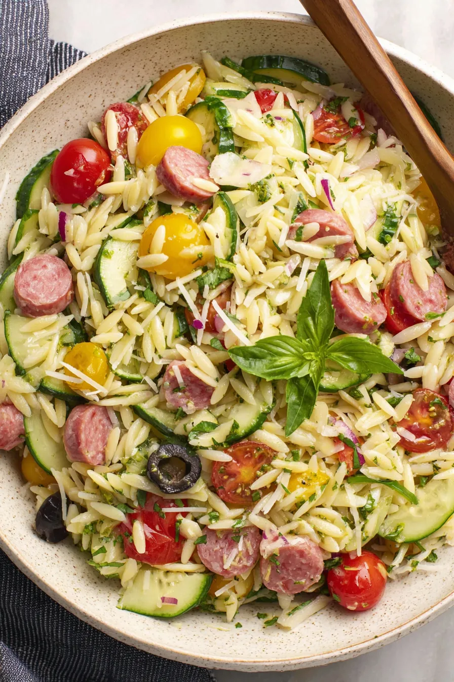 Italian orzo salad in a bowl with fresh basil