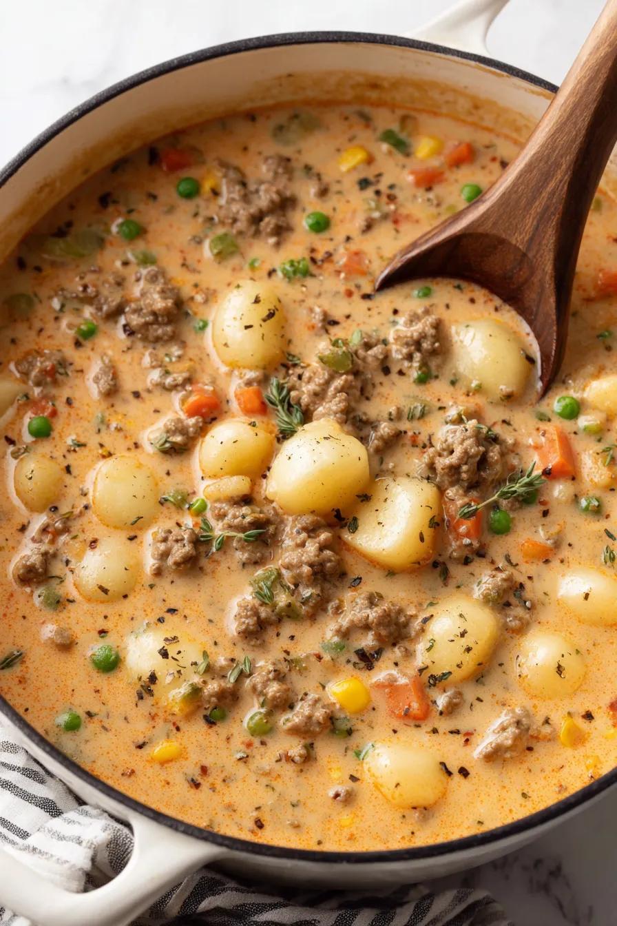 Bowl of shepherd's pie soup with mashed potato topping