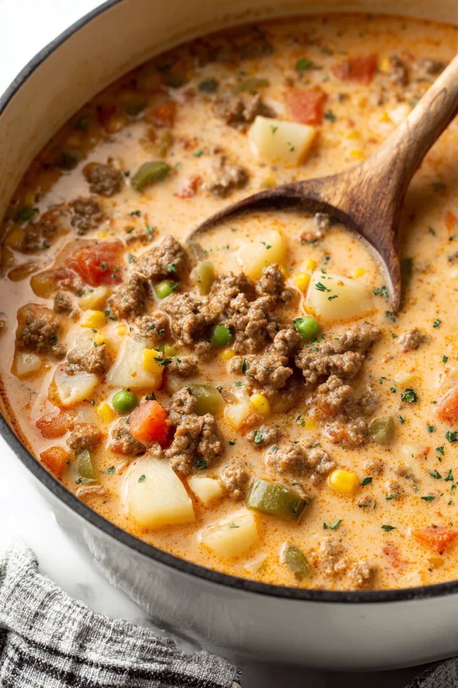 Spoon lifting shepherd's pie soup from a pot