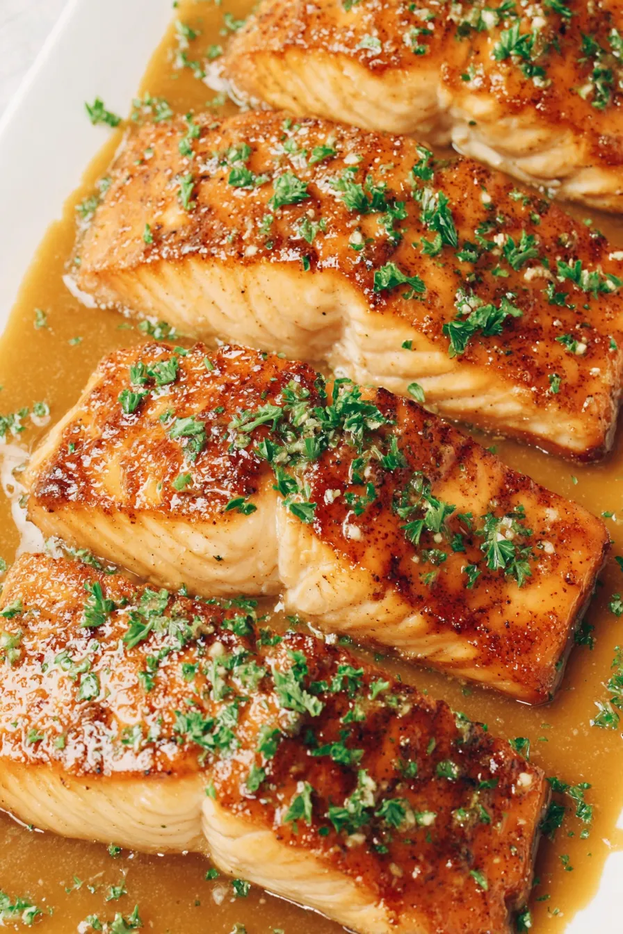 Close-up of glazed Arctic char with parsley garnish
