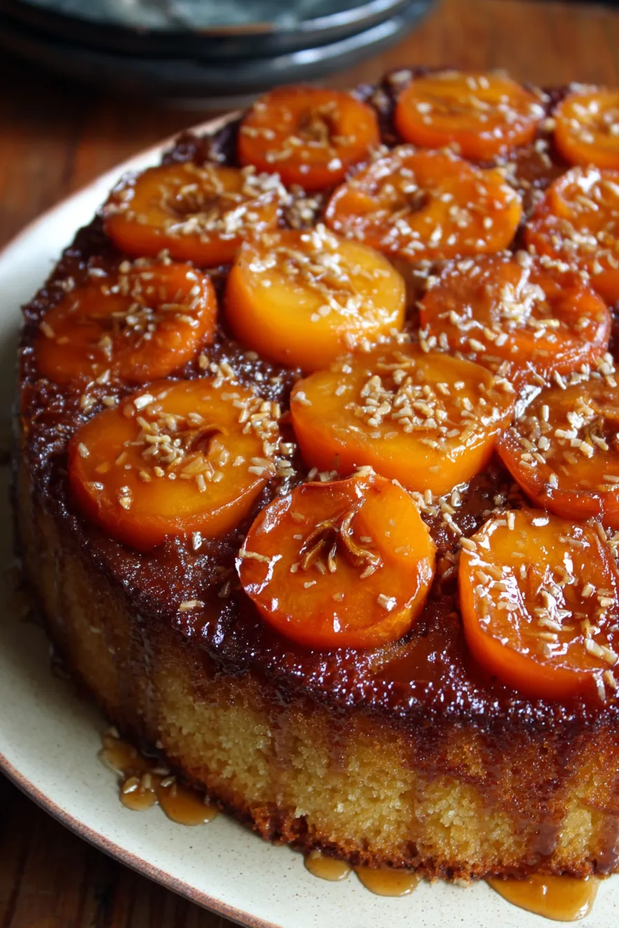 Upside-down persimmon cake sliced on a plate